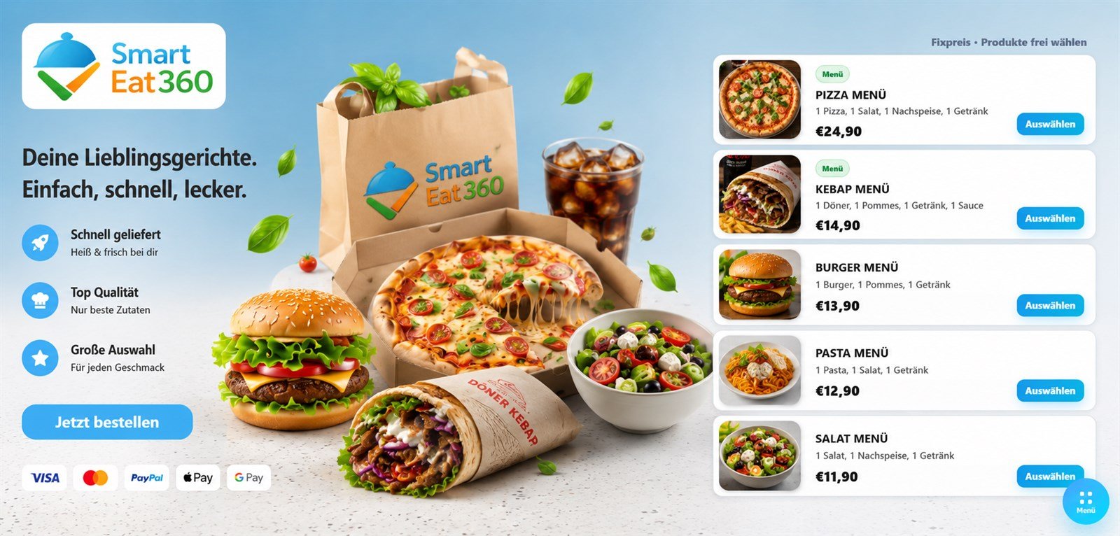 SmartEat360 Online-Bestellsystem mit Pizza, Burger, Kebap und Men&uuml;angeboten